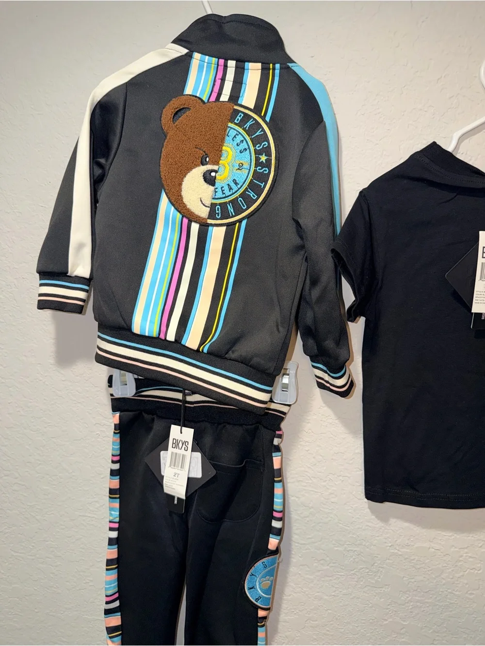 BKYS Boys 3-Piece Tracksuit Set Black Teddy Bear Jacket Pants Shirt 2T NWT